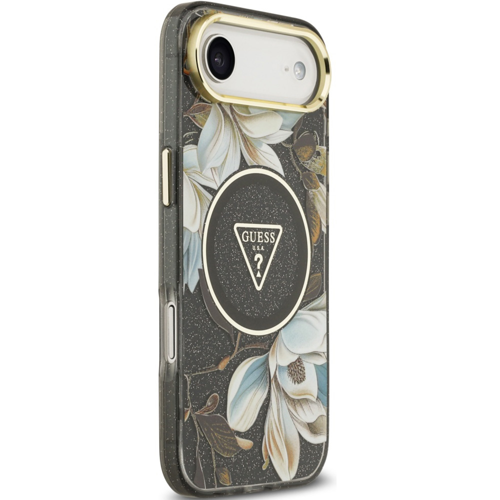 Etui Guess IML Metal Glitter Flowers Triangle do MagSafe do iPhone Air, czarne z kwiecistym wzorem